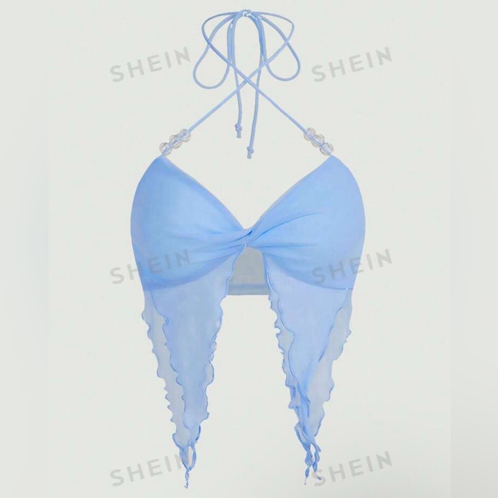 SHEIN ICON Criss Cross Tie Backless Lettuce Trim Asymmetrical Hem Mesh HalterTop